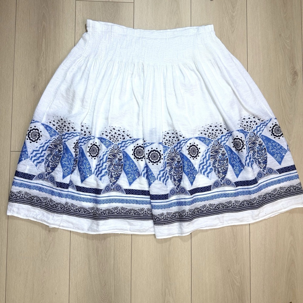 Coldwater Creek Womens 2X White Blue Boho Paisley Skirt Smocked Waist Lined Plus